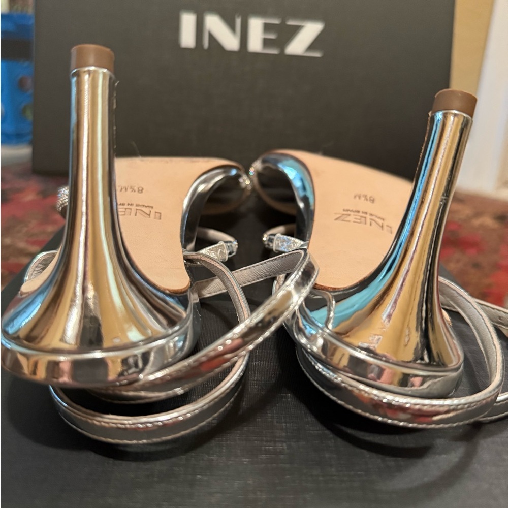 INEZ Sofia Silver Metallic Mid-Heel Sandals with Crystals - Picture 6 of 9